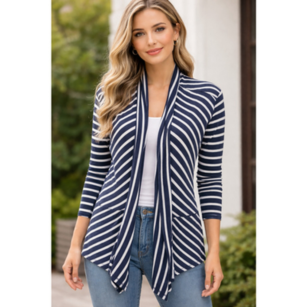 Jones New York Large Navy Blue Striped Raglan Cardigan Sweater